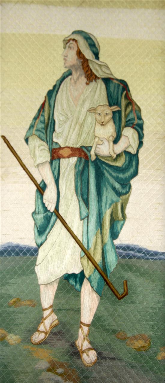 W.G. Paulson- Townsend after H. Copping. An Edwardian silkwork panel of a shepherd, 19.5 x 9.5in.